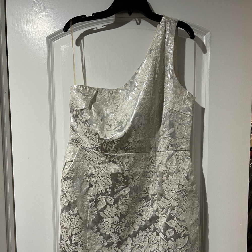 One shoulder white and silver mini dress